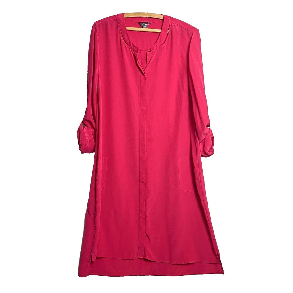 GO SILK 100% SILK FUSHIA Pink hidden‎ BUTTON DOWN SHIRT DRESS Medium